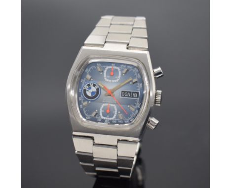 BMW Herrenarmbanduhr mit Chronograph,  Schweiz um 1970, Automatik, Edelstahlgeh. inkl. neutr. Gliederband m. Faltschl., Boden