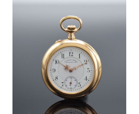 A. LANGE &amp; SÖHNE Glashütte b. Dresden feine offene Damentaschenuhr in RoseG 750/000,  Deutschland um 1910, 2-Deckel-Goldg