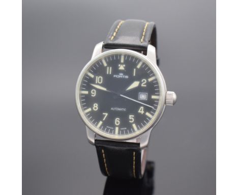 FORTIS Flieger-Herrenarmbanduhr,  Automatik, Ref. 595.10.46, matt. Edelstahlgeh. inkl. Lederband m. orig. Dornschl., Boden &a