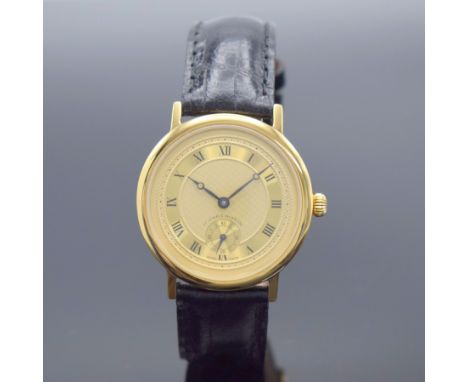 Herrenarmbanduhr mit Kaliber Peseux 7046,  Schweiz um 1990, Handaufzug, verg. Gehäuse, Stahlboden gedr., verg. guill. Zifferb