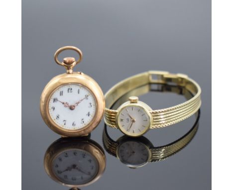 Damenarmbanduhr &amp; Damentaschenuhr in GG &amp; RG 585/000,  Schweiz um 1960 / 1890, Handaufzug, 1.) Armbanduhr m. Milanais