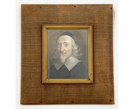 A miniature portrait of Peter du Moulin in oil pastel on board, in a brass and velvet surround, with notes and the artist's n
