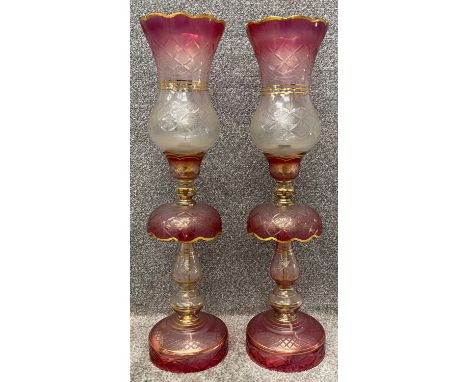 A pair of vintage 19th century style cut glass table lamps with gold painted decoration. H.69cm (each) 