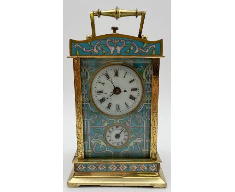 A 19th century brass carriage clock in an engraved and cloisonne enamelled case. With winding key. H.20cm 