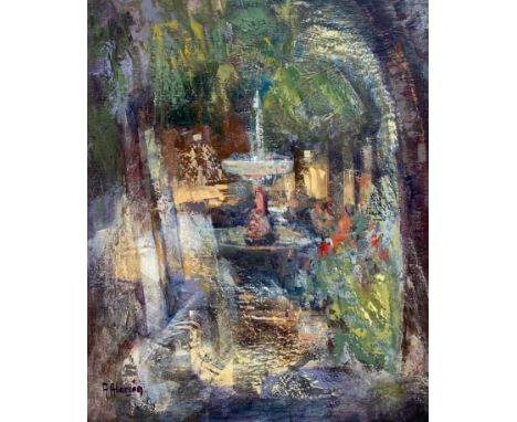 Oil on canvas, impressionist style fountain in a courtyard, signed A Alarcon and titled to the reverse. H.73 W.64cm.