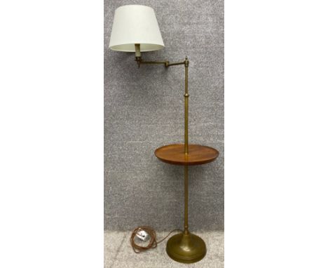 A vintage brass and walnut articulated reading or standard lamp fitted with undertier. H.137cm. 
