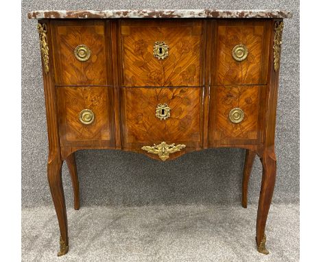 A C.1900 Louis XV style kingwood and satinwood marquetry inlaid commode chest with marble top and ormolu mounts on cabriole s