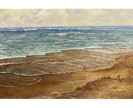 G. LeFort, a signed oil on board, seascape with dunes, in an ebonised and gilt frame. H.28 W.37cm