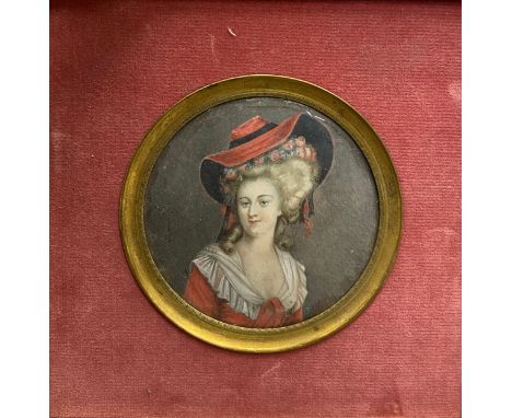 Two 19th century miniature portrait paintings, glazed with brass and velvet surrounds, one indistinctly signed. H.17 W.17cm (