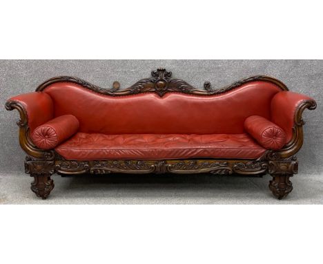 A mid 19th century rosewood scroll end sofa with carved foliate acanthus frame in burgundy leather upholstery. H.101 W.236 D.