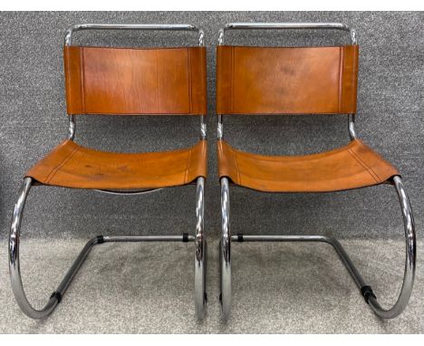 A pair of vintage Mies van der Rohe designed MR10 chairs, leather and cantilevered chrome frame. H.87cm (each)
