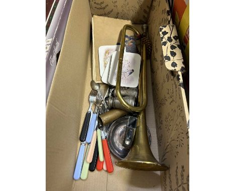 Mixed Lot: Brass bugle, opera glasses, various cutlery, matchbox stand etc