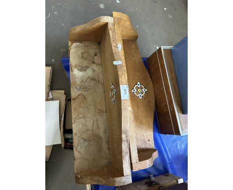 A pair of small pine wall shelves with ceramic tile detail