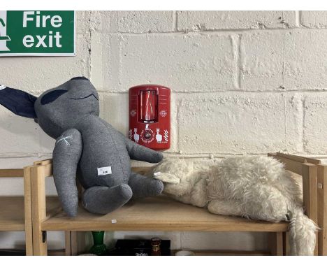 A Pepe Jeans advertising soft toy together with a vintage Merrythought cat shaped pyjama case
