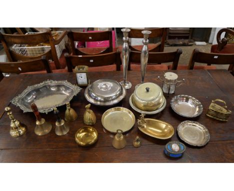Assorted metalware and a brass carriage clock