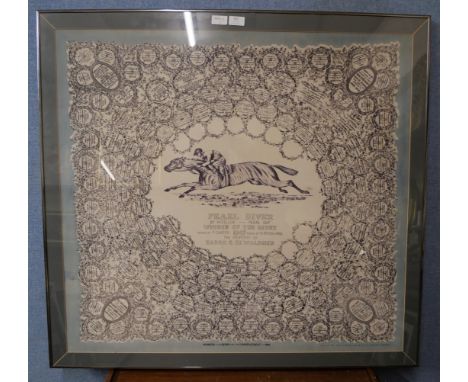 A framed textile panel, depicting Pearl Diver, Winner of the 1947 Derby, also all the previous Derby winners