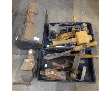 Ladders, a steel tool box with vintage hand tools and a heavy duty vice 