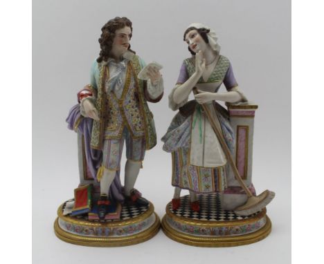 A PAIR OF LATE 19TH CENTURY FRENCH PORCELAIN FIGURES IN THE MANNER OF JACOB PETIT, depicting a wealthy man of letters and a m