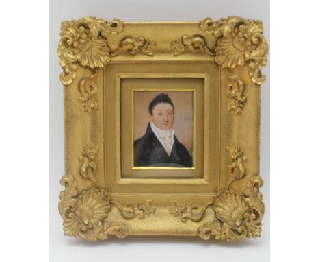 AN EARLY 19TH CENTURY MINIATURE PORTRAIT WATERCOLOUR PAINTING, a Gentleman in a black jacket with white cravat, 7.5cm x 6cm, 