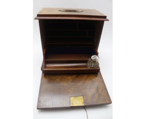 A VICTORIAN MAHOGANY &amp; WALNUT VENEER CAMPAIGN TYPE TABLETOP WRITING BOX, inset brass handle to top, the front of twin fau