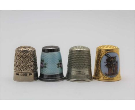 A SILVER &amp; ENAMEL THIMBLE, blue guilloche with pink roses, together with three other thimbles (4) 