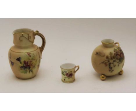 THREE ITEMS OF ROYAL WORCESTER GRAND PORCELAIN, each floral painted and having gilded hights, to include; a jug, reg no. 2878