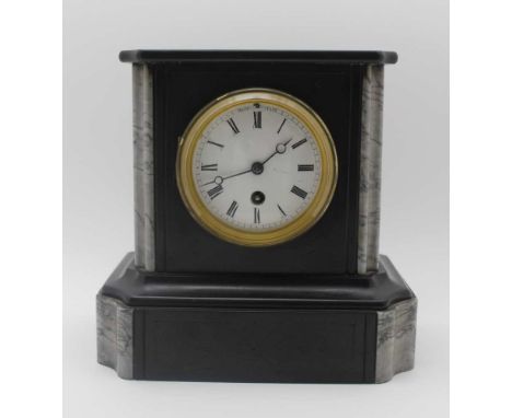 A SLATE &amp; MARBLE CASED MANTLE CLOCK, white enamel dial with Roman numerals, fitted a Paris made 8-day movement, 22.5cm hi