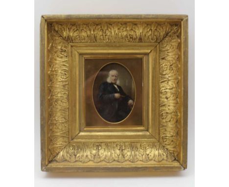 A 19TH CENTURY PORTRAIT MINIATURE WATERCOLOUR PAINTING, an elderly Gentleman in frock coat, 13cm x 9cm, oval mounted in an or