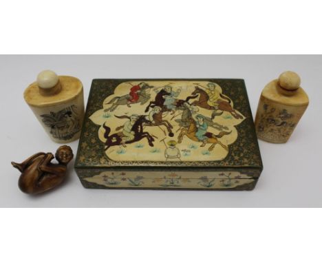AN INDIAN KASHMIR BOX &amp; COVER, the lid decorated with a polo match, 15cm x 10cm, together with two Japanese bone snuff bo