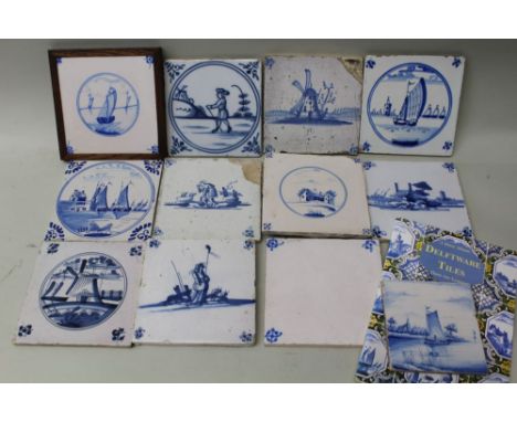 A COLLECTION OF TWELVE VARIOUS DELFT TILES, underglaze blue painted decoration, includes sail barges, windmills &amp; figures