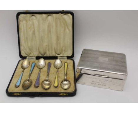 WILLIAM SUCKLING LTD., A CASED SET OF SIX SILVER GILT &amp; ENAMEL COFFEE SPOONS (two pale blue, two yellow &amp; two lavende