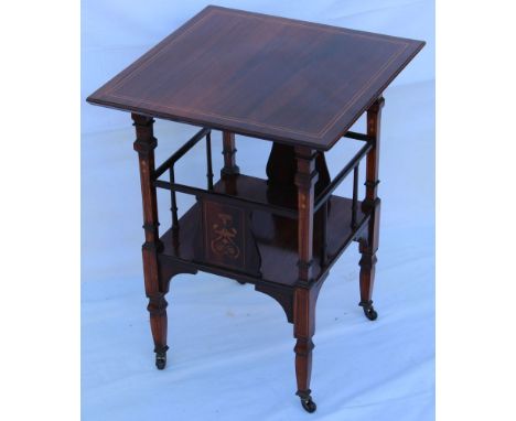 A LATE 19TH / EARLY 20TH CENTURY INLAID ROSEWOOD SQUARE TOPPED TABLE with a galleried undertier, decorative inset panels, sup