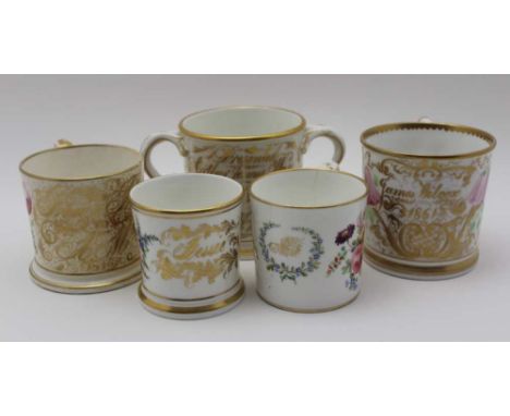 FIVE 19TH CENTURY HAND PAINTED &amp; GILDED PRESENTATION CERAMIC TANKARDS 