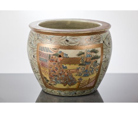 JAPANESE SATSUMA PLANTER
decorated with figures and cranes to the exterior and fish to the interior, mark to base, 31.5cm dia
