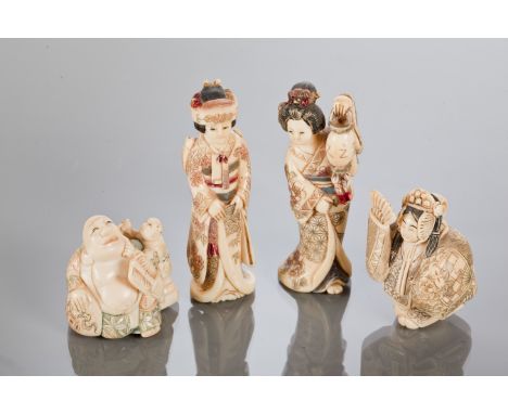 FOUR EARLY 20TH CENTURY JAPANESE IVORY EFFECT NETSUKE
two of women in kimono and two of squat deities, the tallest 7.5cm high