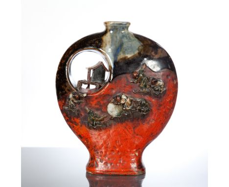 JAPANESE SUMIDA VASE 
of circular form and with open circular section to the body, with architectural detail and figures in r