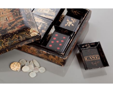 20TH CENTURY CHINESE GAMING SET
the lacquered lid depicting figures within landscapes in gilded detail on a black ground, the