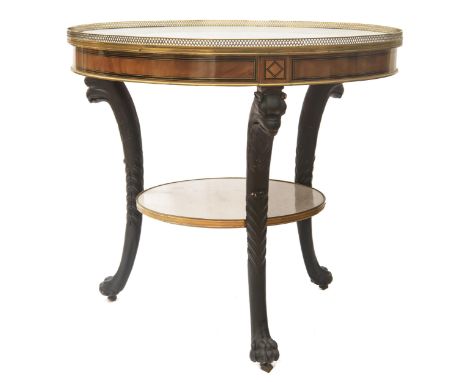 With two white marble shelves within gilt bronze railing, side band with brass threading. Three ebonized wood legs, slightly 