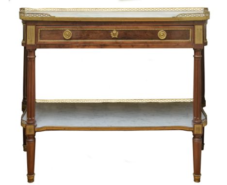 Made of mahogany, shaped and fluted form. One central upper drawer, top and lower shelf covered in white Carrara marble with 