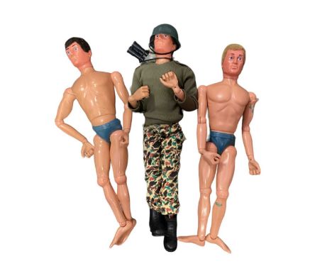 Three Action Man with flock hair &amp; eagle eyes, grey trunk body &amp; gripping hands, plus Jeep &amp; Trailer and accessor