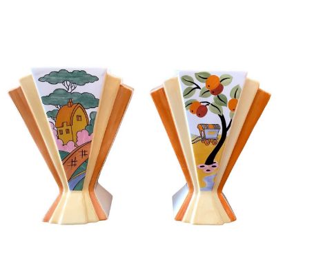 Two Bradex Clarice Cliff limited edition vases - Orange Roof Cottage and Caravan, with certificates