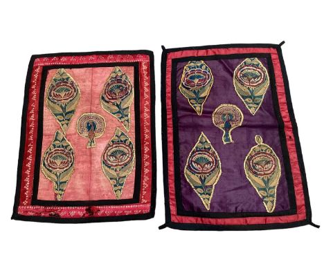 19th century Rajasthan India textiles, a pair of silk panels with appliqued flowers and peacocks in tiny chain stitch, plus a