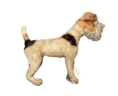 Steiff style standing mohair fox terrier, height 25 cms, length 30 cms approximately/Both eyes are present, see additional ph
