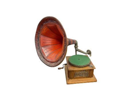 Wind-up gramophone with red embossed hornOriginal item in working order 