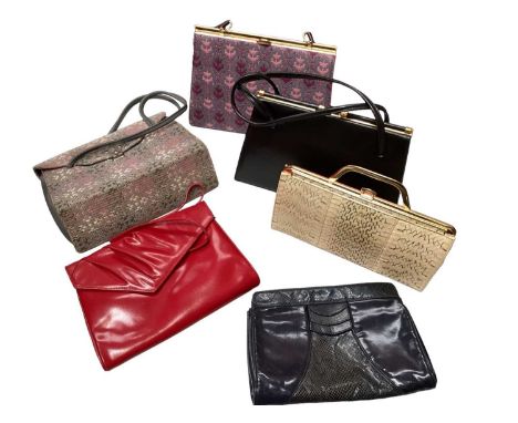 A collection of vintage handbags including Welsh tapestry, quality leather bags by Ackery, cream python skin and other snakes