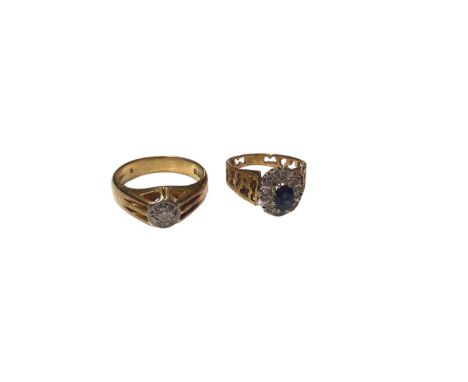 Two 18ct gold rings to include a diamond signet ring, size R and a sapphire and diamond cluster ring, size K½ (2)Total weight