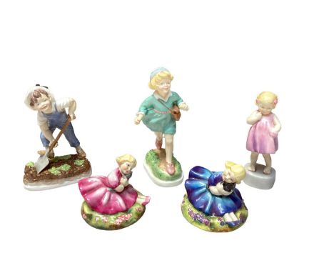 Collection of five Royal Worcester porcelain figures - Rose, Pansy, Only Me, Saturday's child works hard for a living and Thu