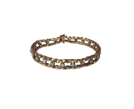 14ct gold opal and turquoise cabochon bracelet, 18cm long Weight 9.7 grams Back of clasp is stamped '14' and a makers mark. 