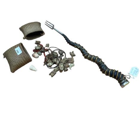 Lot old African Witch Doctors beads, bracelet in woven bag and Indian white metal mounted horn toasting fork