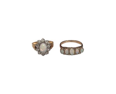 Opal and diamond cluster ring on gold shank (presumably 18ct gold), size N and opal five stone ring with diamond accents in 9